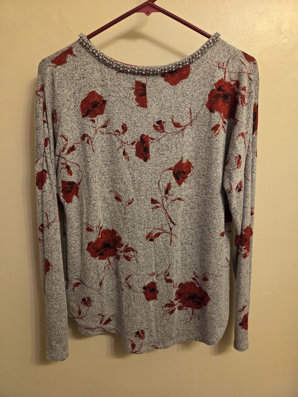 Y2K Small Glam Rhinestone Collar Floral Lightweight Stretch Knit Blouse Office - Picture 3 of 8